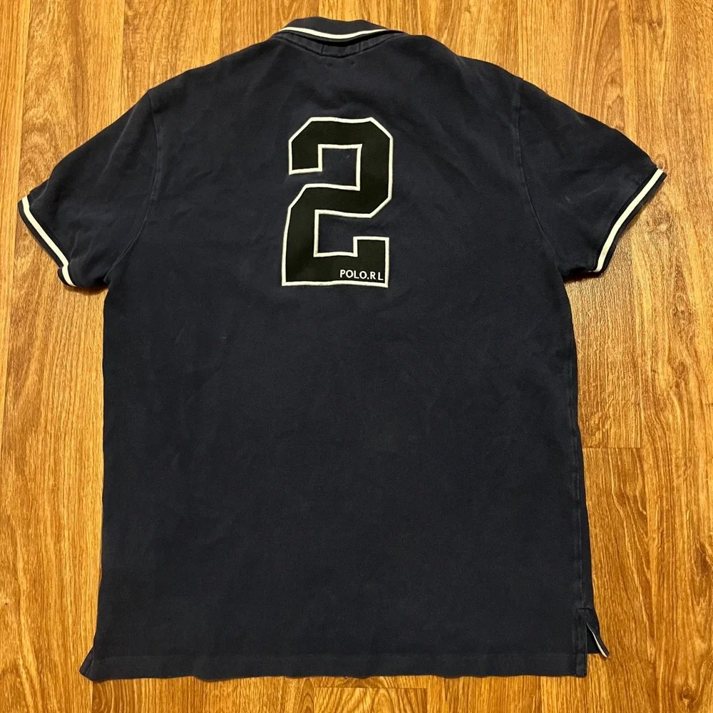 Polo Ralph Lauren Polo Shirt Mens L Navy Custom Slim Fit Number 2 Tipped
